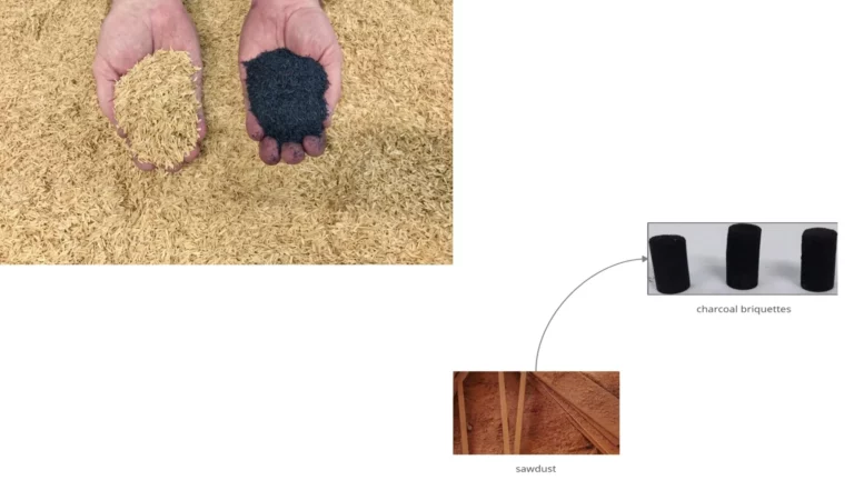 A hands holding raw rice husks and processed biochar, with a diagram below illustrating the transition from sawdust to finished charcoal briquettes.