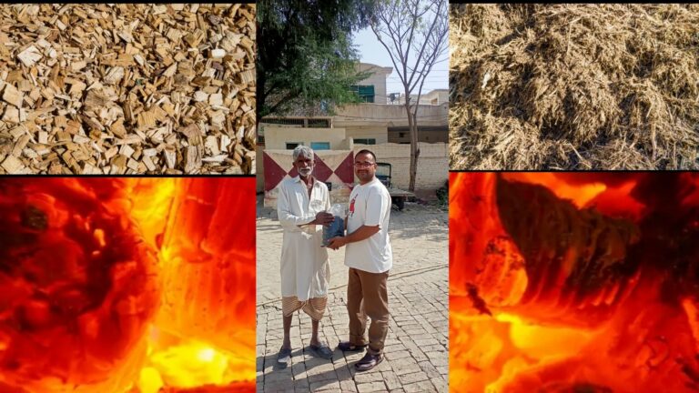 A collage showing wood chips, agricultural waste, two men holding a bag of finished biochar, and a high-heat combustion fire.