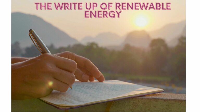 Writing about renewable energy with a notebook against a natural landscape at sunrise