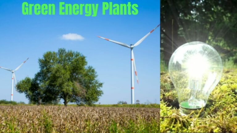 Wind turbines and a glowing light bulb symbolizing renewable green energy production.