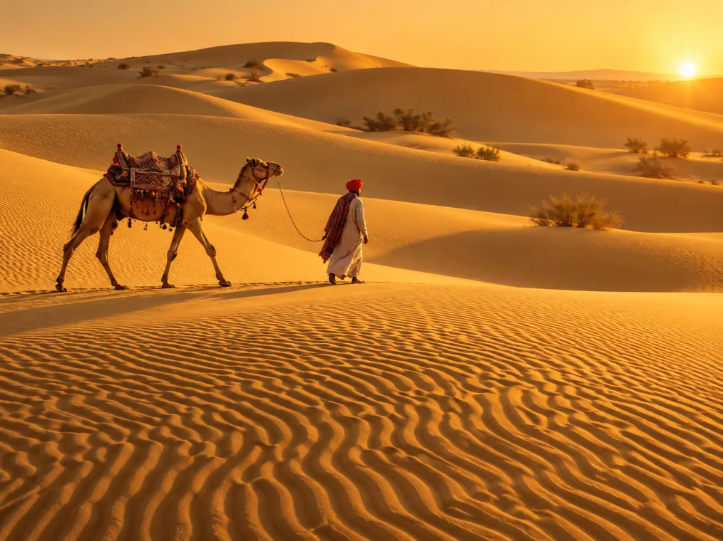 A traditional camel caravan crossing the golden sand dunes of Cholistan Desert near Bahawalpur, representing local culture, resilience, and desert life