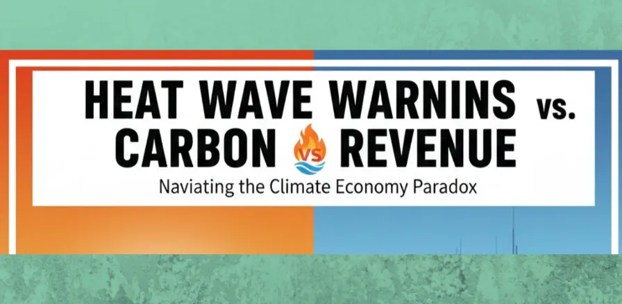 Heat wave warnings versus carbon revenue graphic highlighting the climate economy paradox