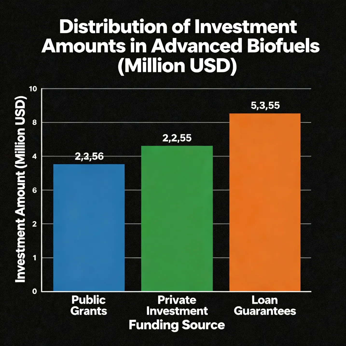 Histogram showing the distribution of investment amounts in advanced biofuels in million USD