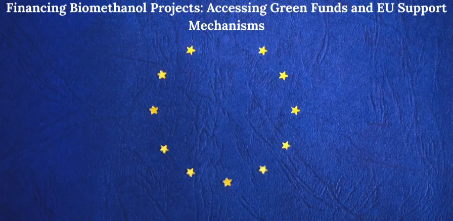 European Union flag concept with yellow stars forming a circle on a textured blue background, representing EU funding and support for green biomethanol initiatives