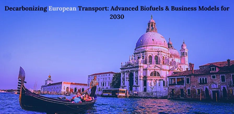 Illustration of advanced biofuels fueling various transport modes in Europe including airplanes, cargo ships, and trucks with green energy icons and European map background