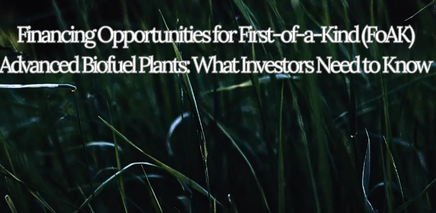 A diverse team of five financial investors reviews holographic data charts in front of a large, glowing, first-of-a-kind (FoAK) advanced biofuel plant and integrated renewable energy complex with solar and wind power at sunset.