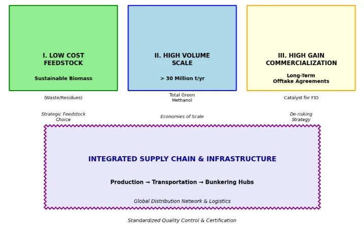 Diagram showing China's three-pillar biomethanol model for maritime decarbonization: Low Cost Feedstock, High Volume Scale, and High Gain Commercialization feeding into an integrated supply chain to achieve decarbonized shipping