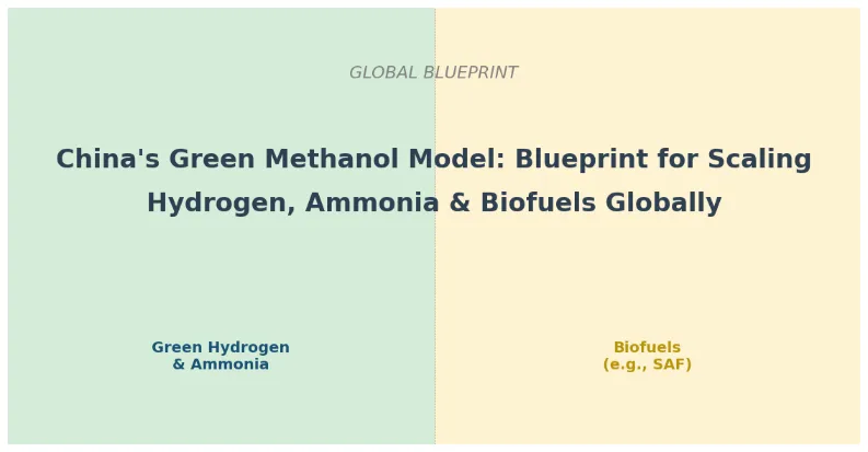 Split-color image featuring the text "China's Green Methanol Model: Blueprint for Scaling Hydrogen, Ammonia & Biofuels Globally.