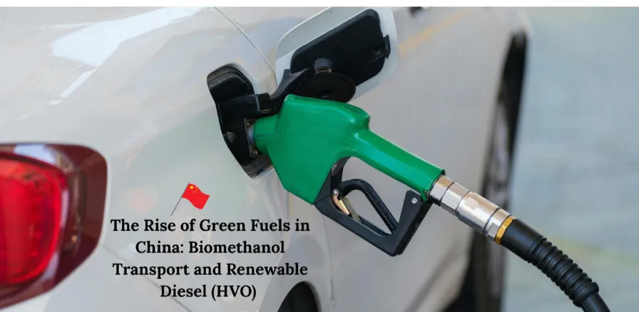 Green fuel pump nozzle filling a white car, symbolizing China's shift to biomethanol and renewable diesel (HVO) for transport decarbonization.