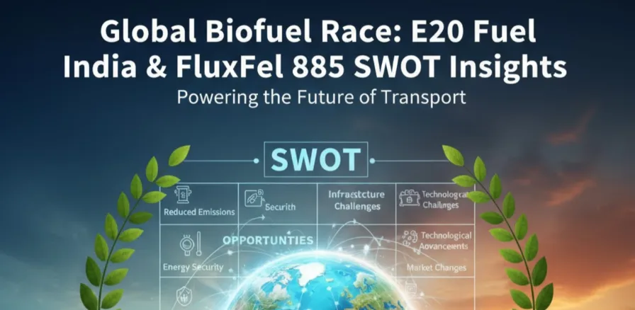 Digital illustration comparing E20 Fuel (India) and FluxFuel E85 biofuel initiatives, featuring two fuel pumps (one labeled 'E20 Fuel' with Indian elements, one labeled 'FluxFuel E85') flanking a glowing globe surrounded by a SWOT analysis diagram (Opportunities, Strengths, Weaknesses, Threats). The background shows a futuristic city skyline and lush greenery.