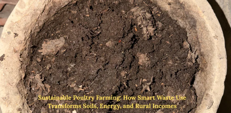 Sustainable poultry waste converted into organic compost in a clay pot, showcasing eco-friendly farming and soil improvement