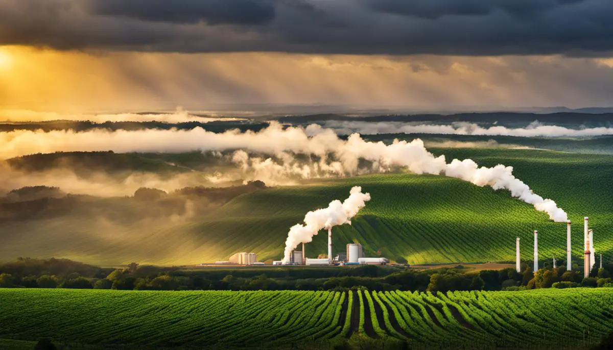 Image depicting biofuel plant emissions, highlighting the impact on greenhouse gas emissions and climate change.