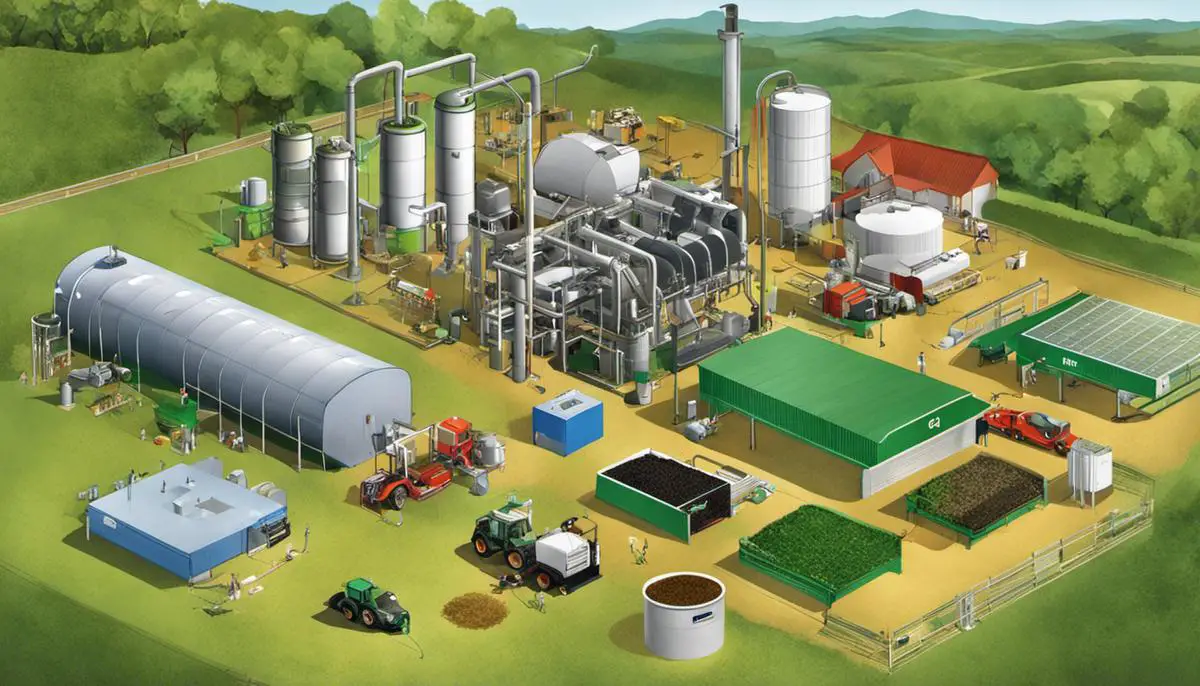 Image description: Illustration depicting various methods of biofuel waste management, including waste-to-energy conversion, composting, recycling, algae and biochar production, and microbial fuel cells.