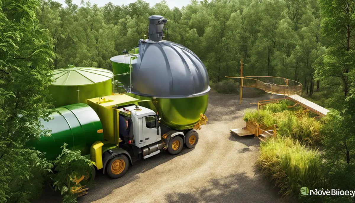 An image depicting the process of efficient bioenergy waste disposal, showcasing the conversion of organic waste into sustainable bioenergy.